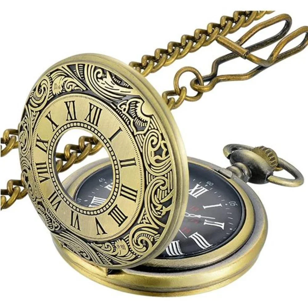 Vintage Style Brass Pocket Watch - Gold Tone with Roman Dial
